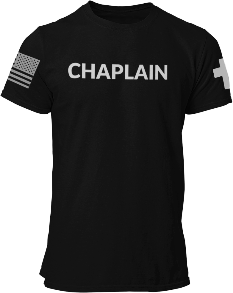 Chaplain T Shirt with Advancing US Flag and Cross on Sleeves - Pooky Noodles