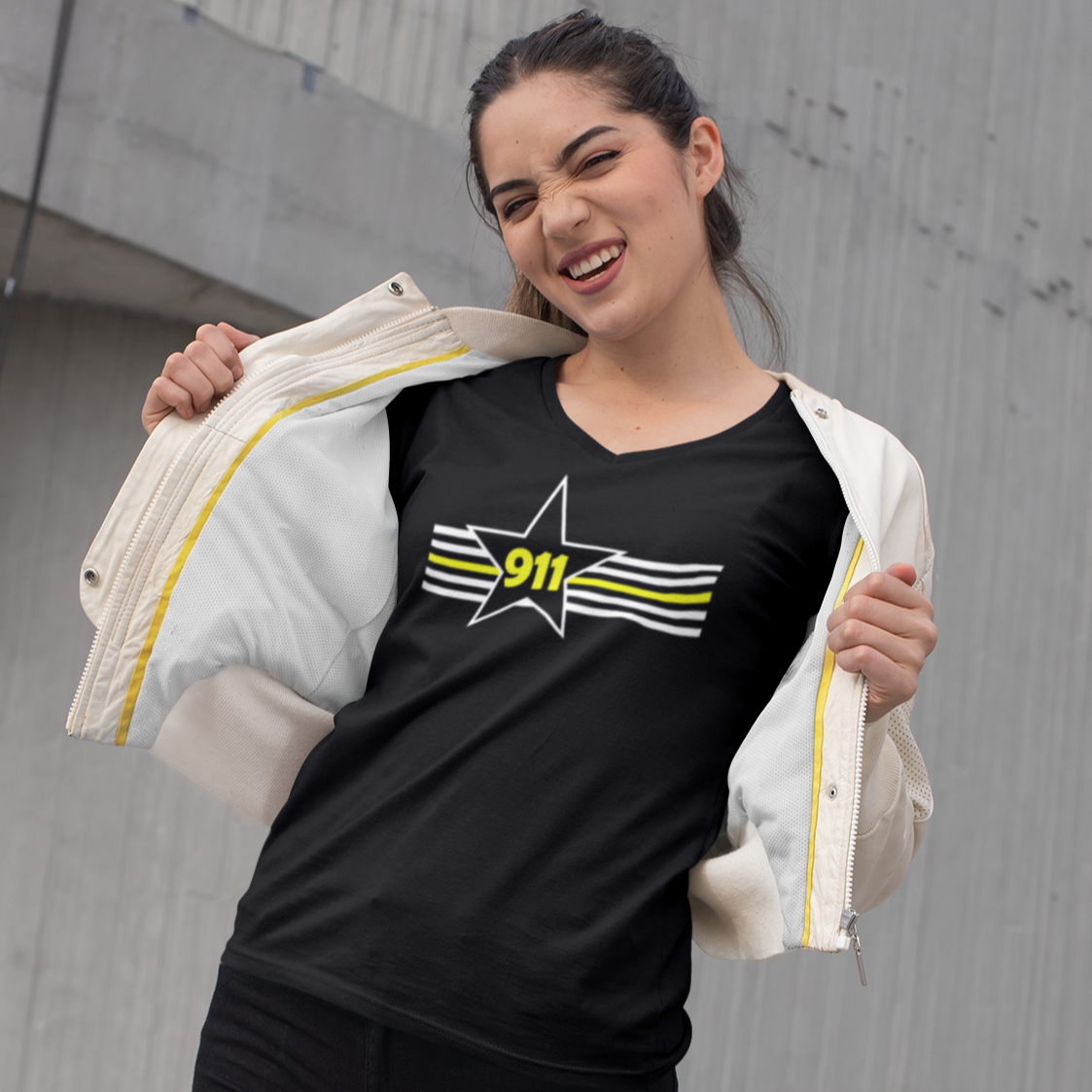 911 Thin Gold/Yellow Line Star and Stripes Ladies V Neck T Shirt - Cold Dinner Club