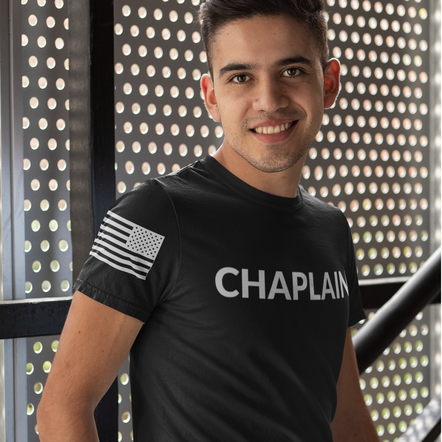 Chaplain T Shirt with Advancing US Flag and Cross on Sleeves - Pooky Noodles