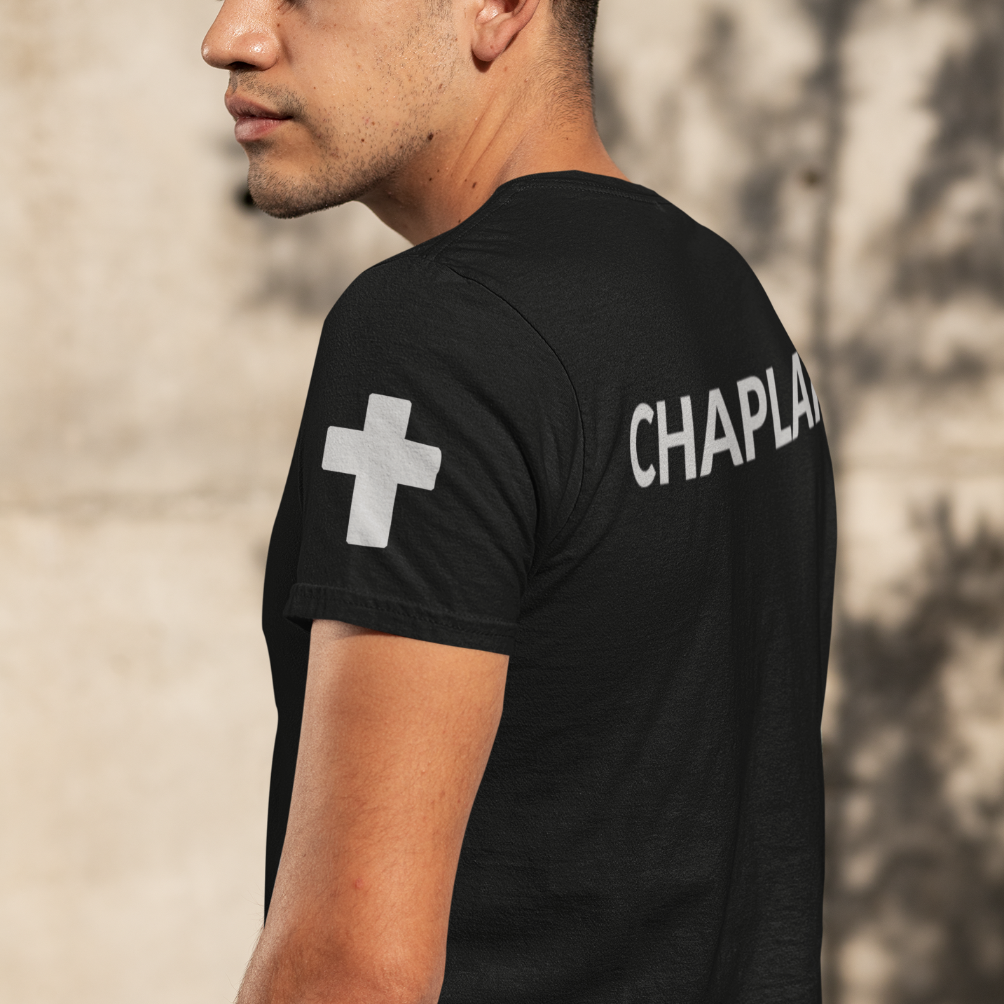 Chaplain T Shirt with Advancing US Flag and Cross on Sleeves - Pooky Noodles