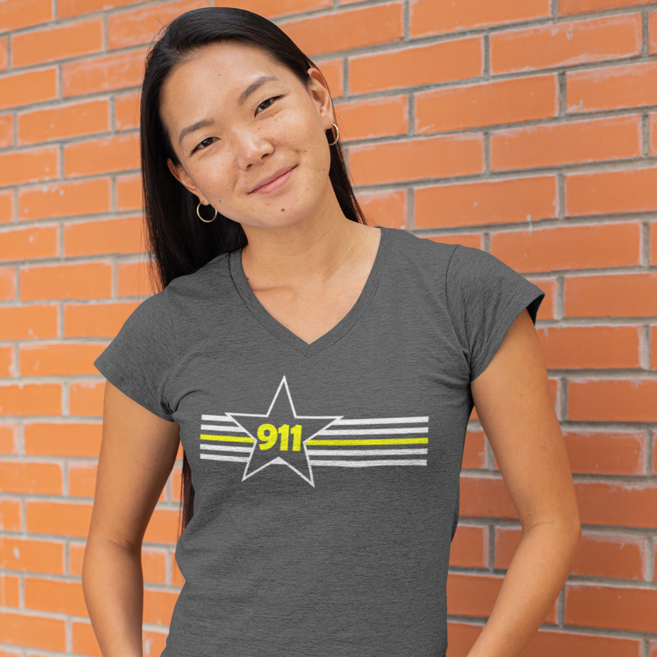 911 Thin Gold/Yellow Line Star and Stripes Ladies V Neck T Shirt - Cold Dinner Club
