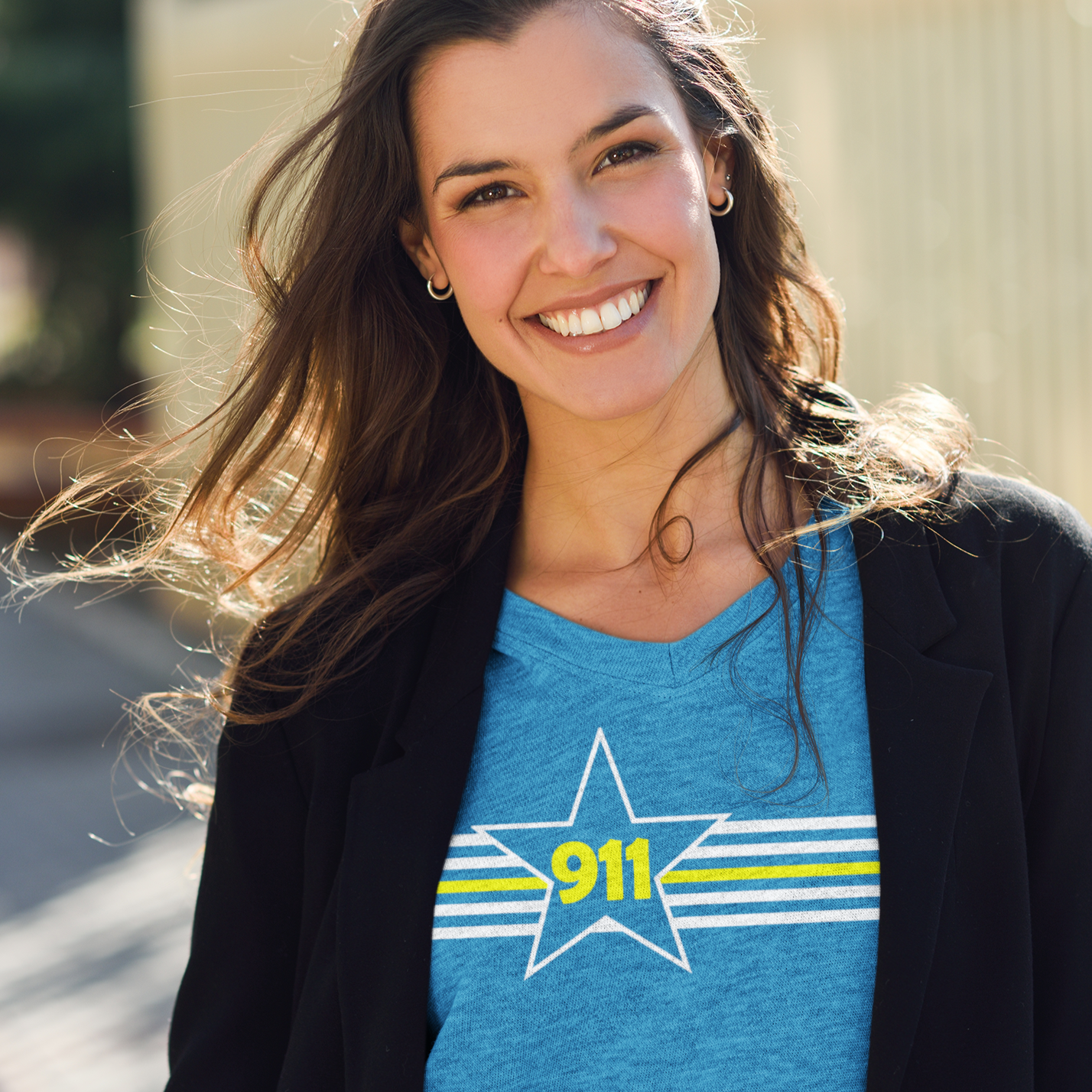 911 Thin Gold/Yellow Line Star and Stripes Ladies V Neck T Shirt - Cold Dinner Club