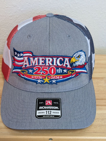 250th Anniversary America Richardson 112 Embroidered Hat Semiquincentennial USA Trucker Flag Hat Mesh Back Structured Cap Snap Back