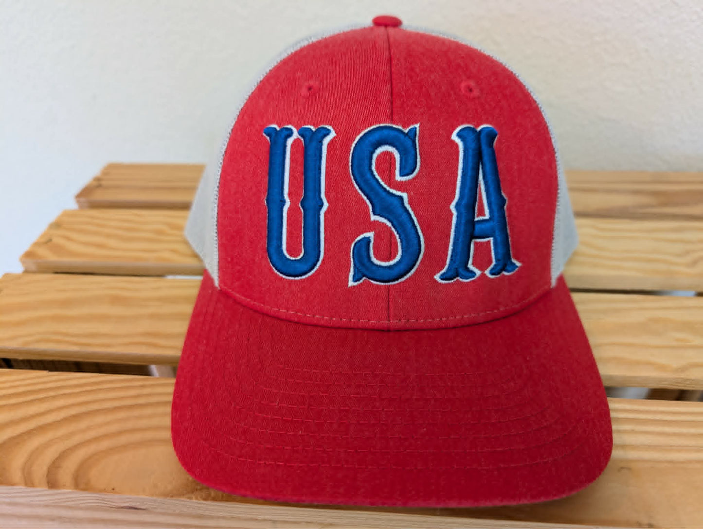 USA Hat with Puff Embroidery on a Richardson 112 Trucker Cap