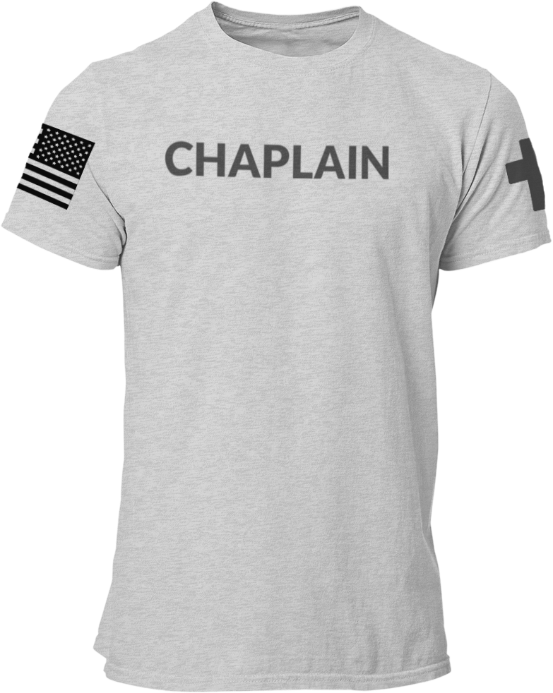 Chaplain T Shirt with Advancing US Flag and Cross on Sleeves - Pooky Noodles