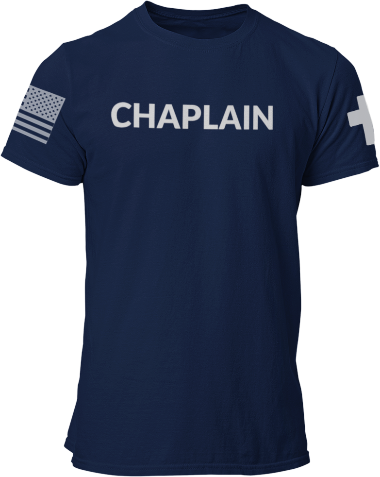 Chaplain T Shirt with Advancing US Flag and Cross on Sleeves - Pooky Noodles