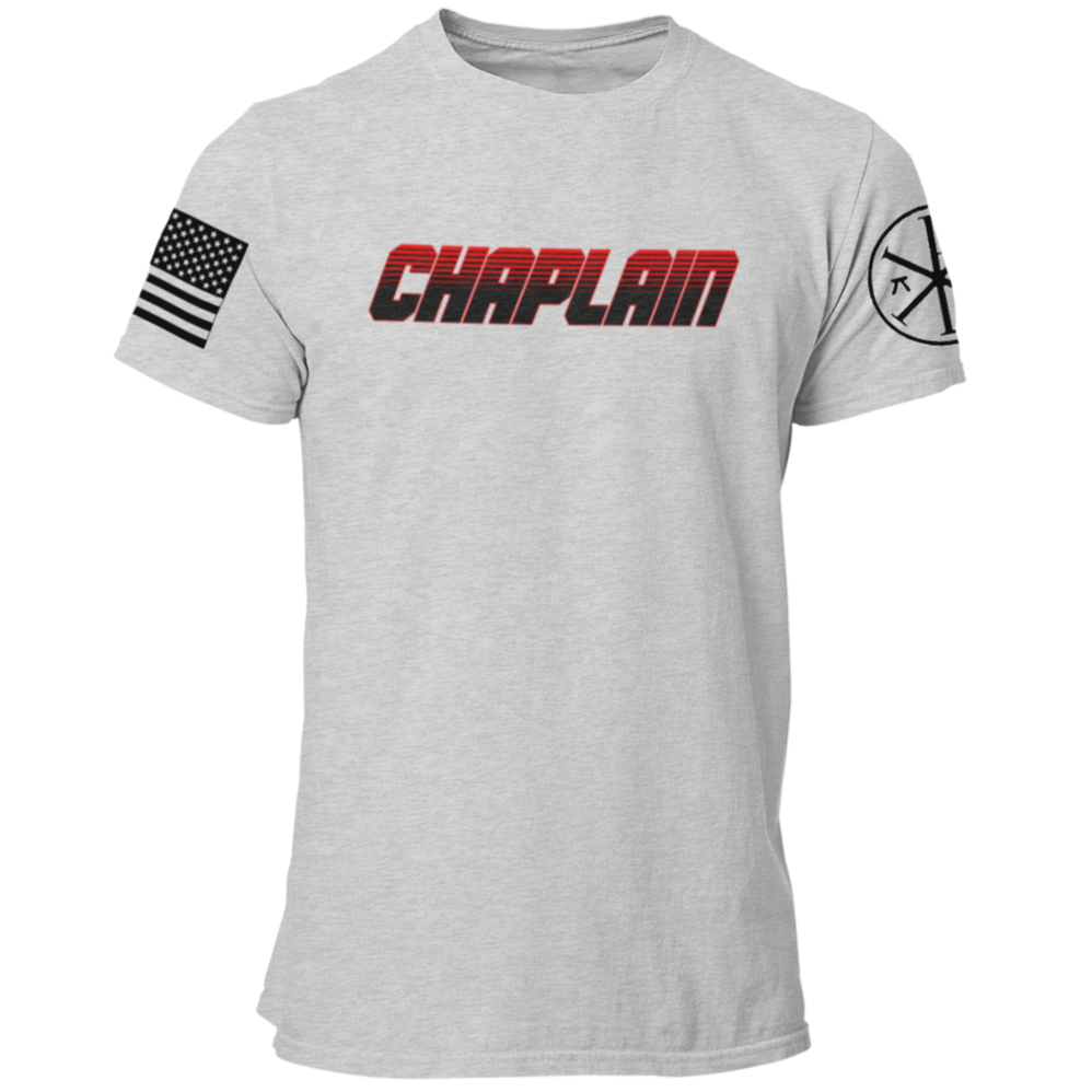 Fire Dept Chaplain T Shirt with Advancing US Flag and Chi Rho on Sleeves - Pooky Noodles