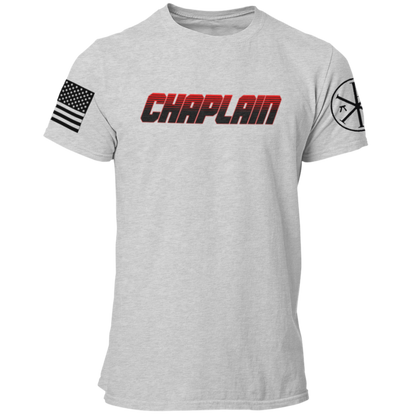 Fire Dept Chaplain T Shirt with Advancing US Flag and Chi Rho on Sleeves - Pooky Noodles