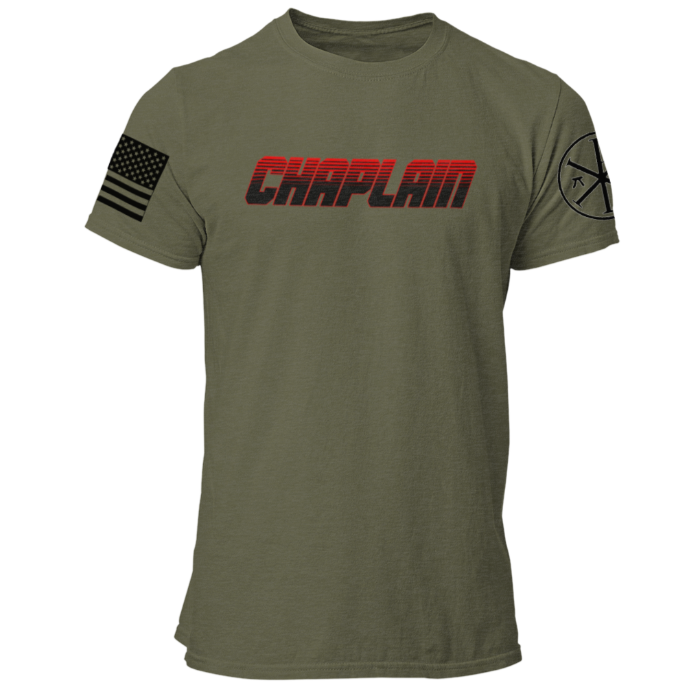 Fire Dept Chaplain T Shirt with Advancing US Flag and Chi Rho on Sleeves - Pooky Noodles