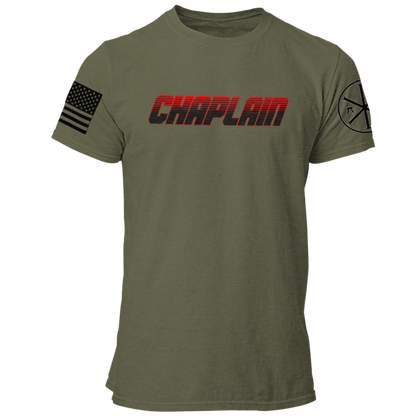 Fire Dept Chaplain T Shirt with Advancing US Flag and Chi Rho on Sleeves - Pooky Noodles