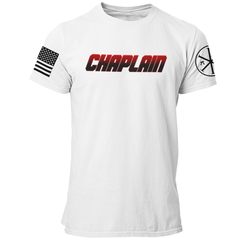 Fire Dept Chaplain T Shirt with Advancing US Flag and Chi Rho on Sleeves - Pooky Noodles