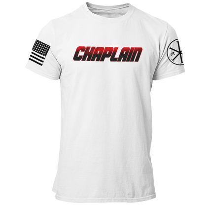 Fire Dept Chaplain T Shirt with Advancing US Flag and Chi Rho on Sleeves - Pooky Noodles