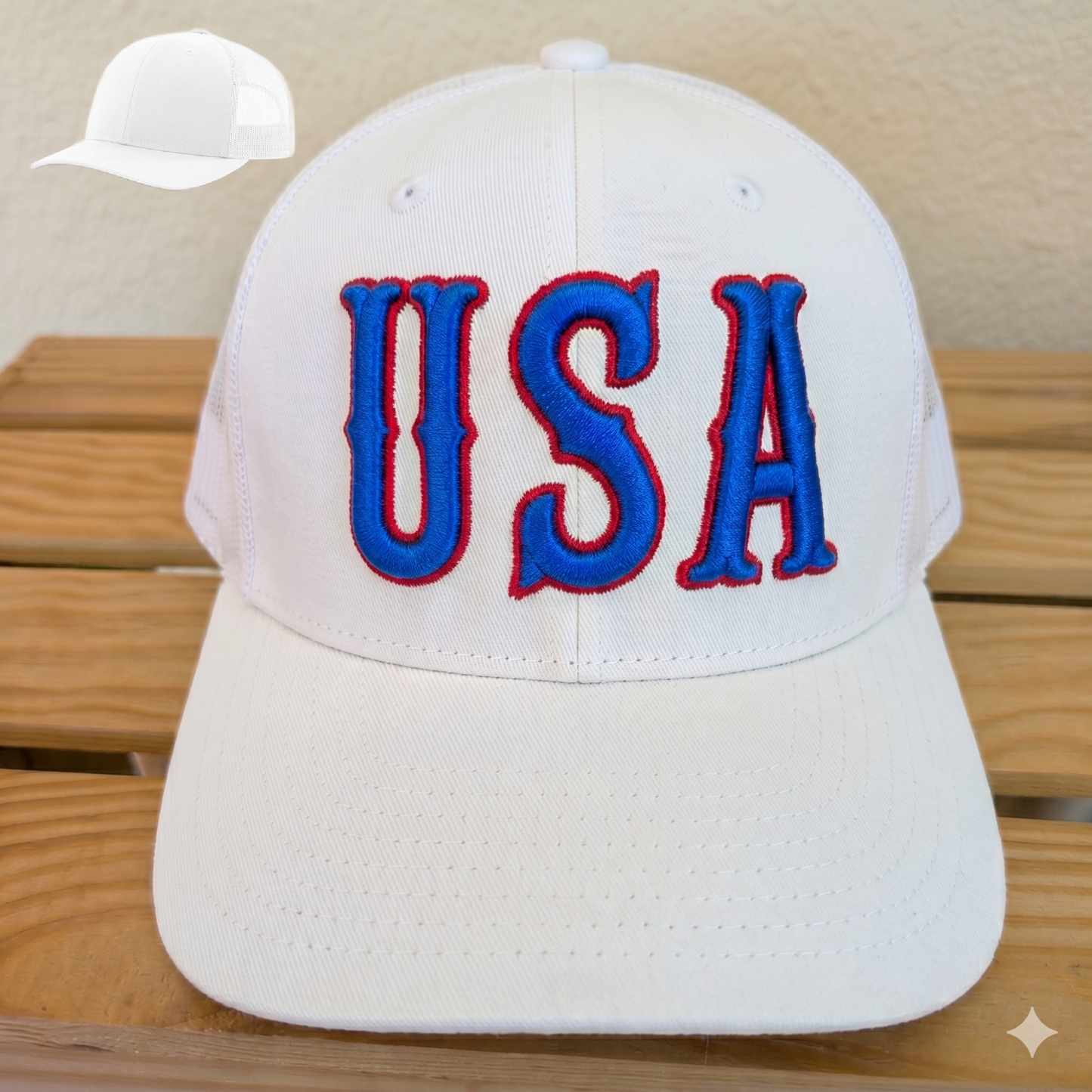 USA Hat with Puff Embroidery on a Richardson 112 Trucker Cap