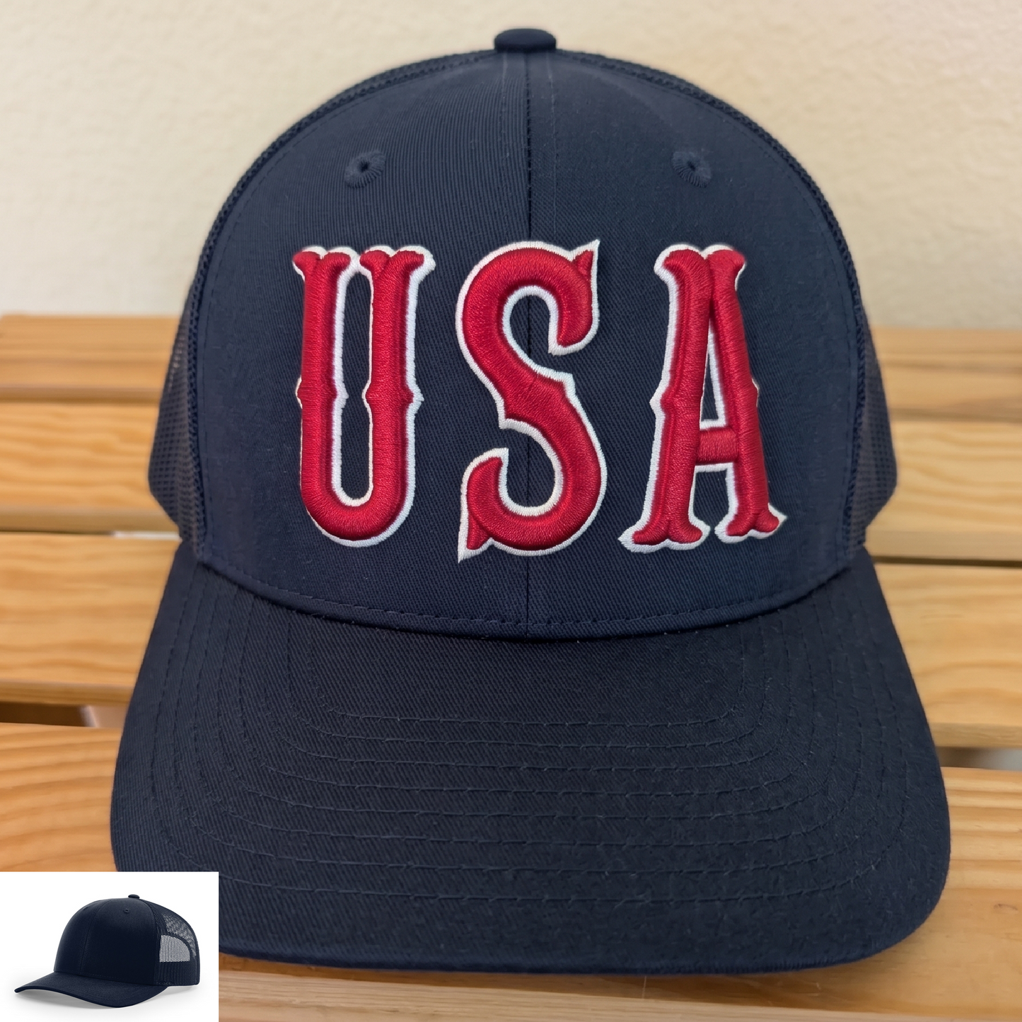 USA Hat with Puff Embroidery on a Richardson 112 Trucker Cap