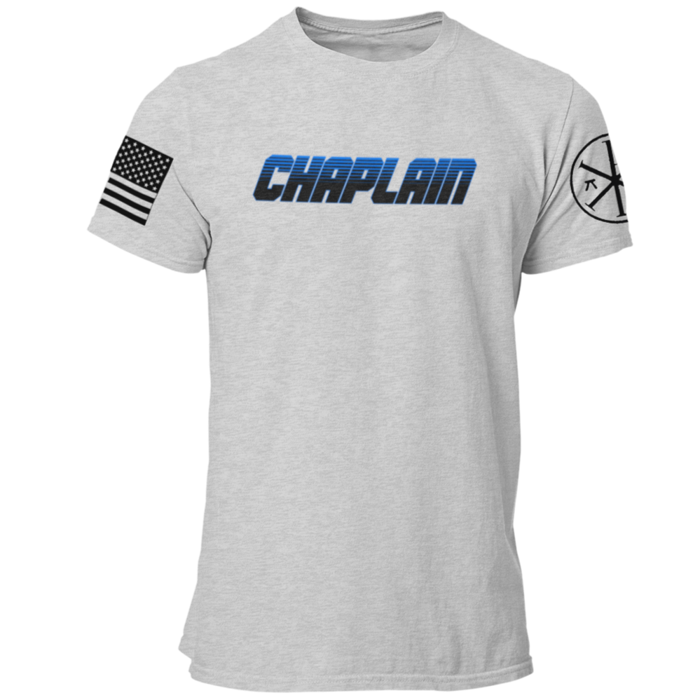 Police Chaplain T Shirt with Advancing US Flag and Chi Rho on Sleeves - Pooky Noodles