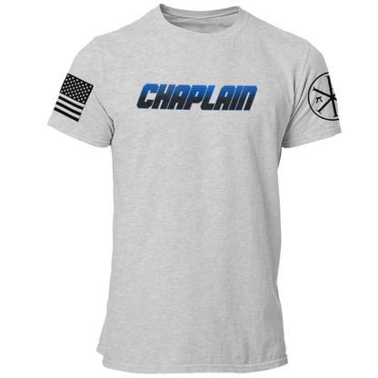 Police Chaplain T Shirt with Advancing US Flag and Chi Rho on Sleeves - Pooky Noodles