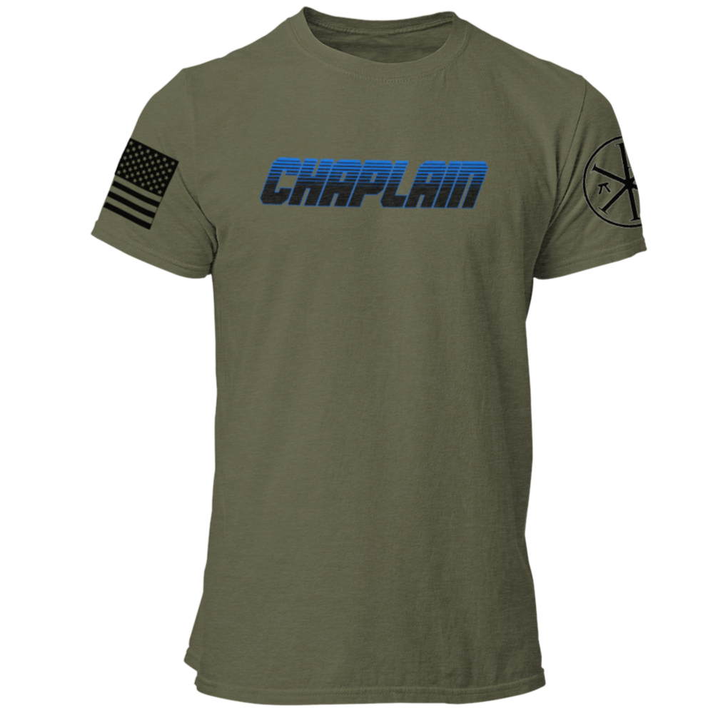 Police Chaplain T Shirt with Advancing US Flag and Chi Rho on Sleeves - Pooky Noodles