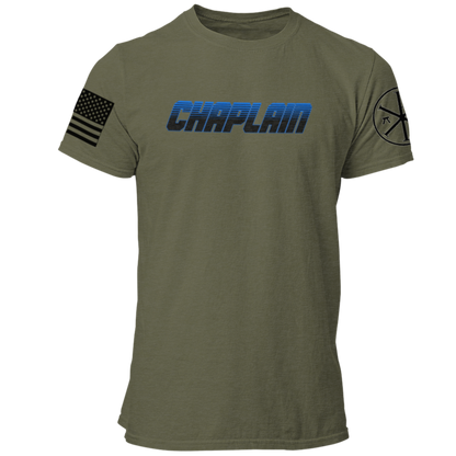 Police Chaplain T Shirt with Advancing US Flag and Chi Rho on Sleeves - Pooky Noodles