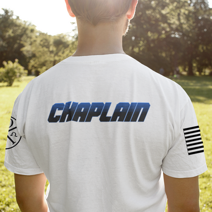 Police Chaplain T Shirt with Advancing US Flag and Chi Rho on Sleeves - Pooky Noodles