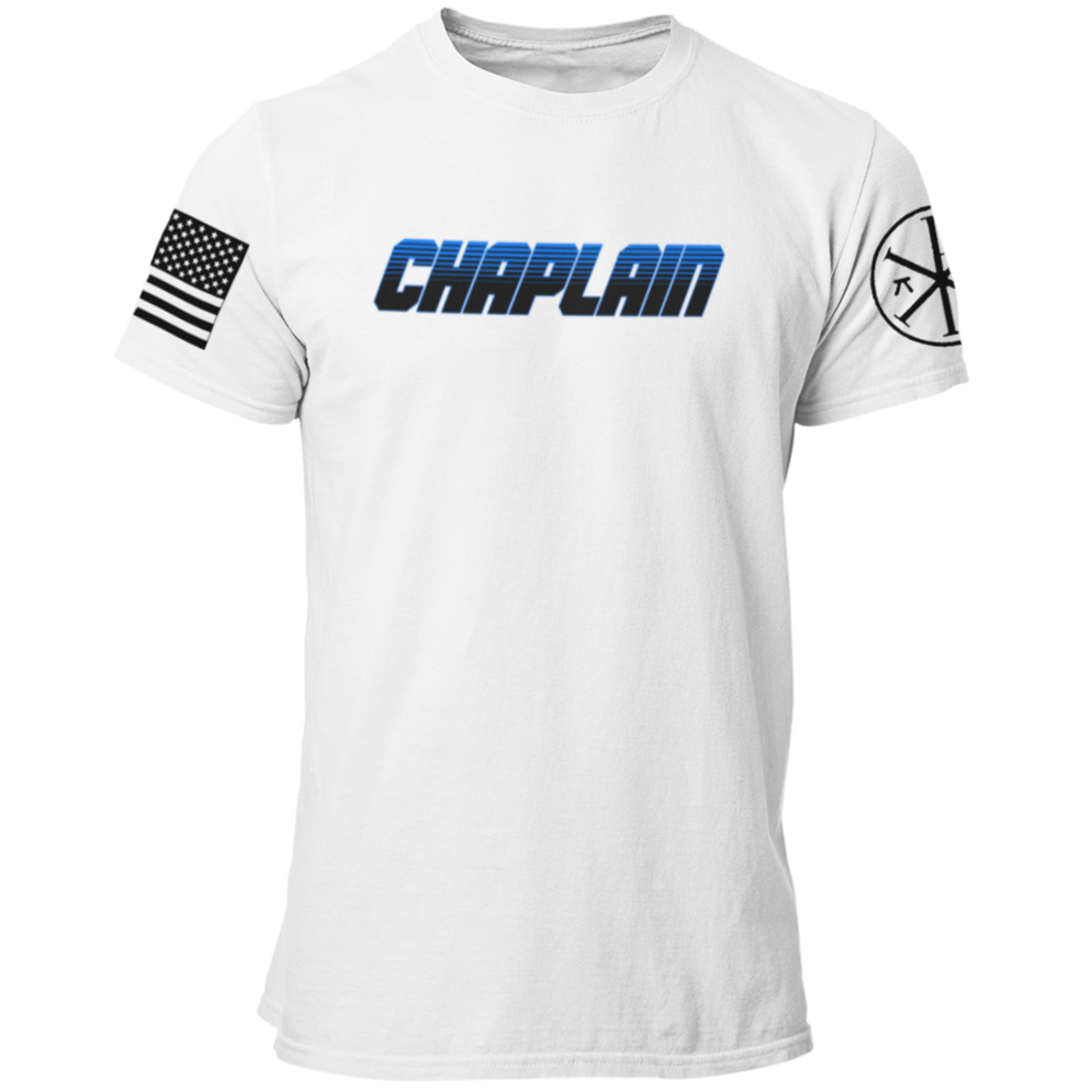 Police Chaplain T Shirt with Advancing US Flag and Chi Rho on Sleeves - Pooky Noodles