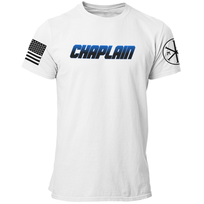 Police Chaplain T Shirt with Advancing US Flag and Chi Rho on Sleeves - Pooky Noodles