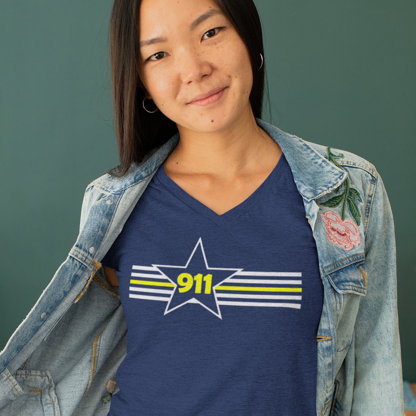 911 Thin Gold/Yellow Line Star and Stripes Ladies V Neck T Shirt - Cold Dinner Club