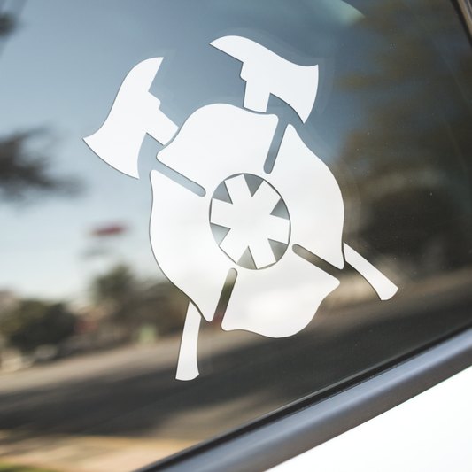 Fire Rescue Window Decal with Crossed Axes, Firefighter Cross, and Star of Life - Cold Dinner Club
